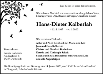 Traueranzeige von Hans-Dieter Kalberlah von vrm-trauer
