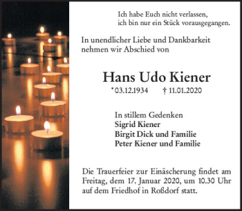 Traueranzeige von Hans Udo Kiener von vrm-trauer