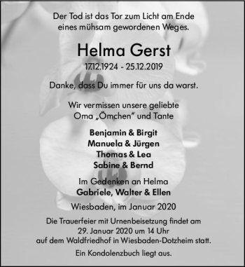 Traueranzeige von Helma Gerst von vrm-trauer