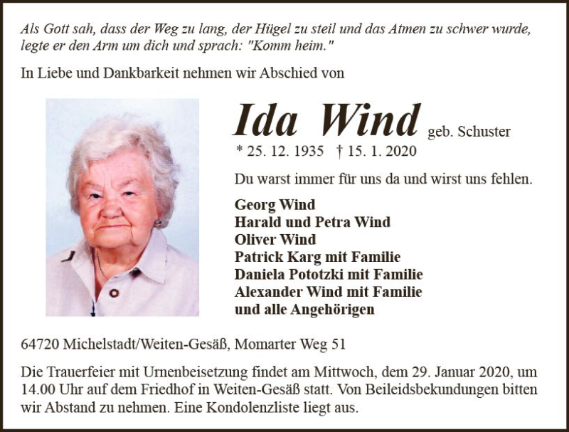  Traueranzeige für Ida Wind vom 25.01.2020 aus vrm-trauer
