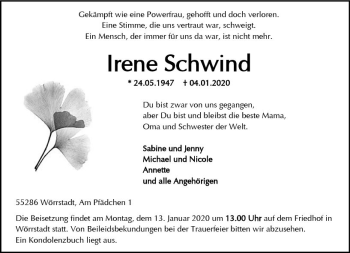 Traueranzeige von Irene Schwind von vrm-trauer