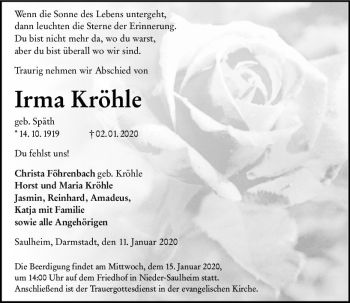 Traueranzeige von Irma Kröhle von vrm-trauer
