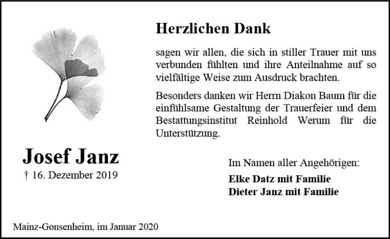 Traueranzeige für Josef Seppel Janz vom 18.01.2020 aus vrm-trauer
