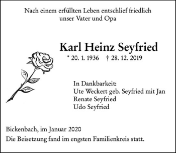 Traueranzeige von Karl Heinz Seyfried von vrm-trauer