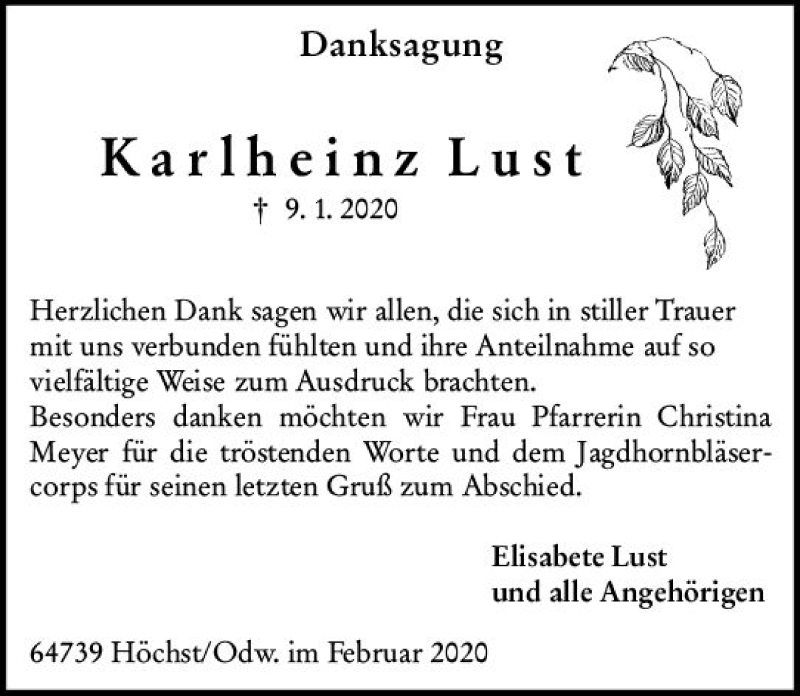  Traueranzeige für Karlheinz Lust vom 01.02.2020 aus vrm-trauer
