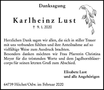 Traueranzeige von Karlheinz Lust von vrm-trauer