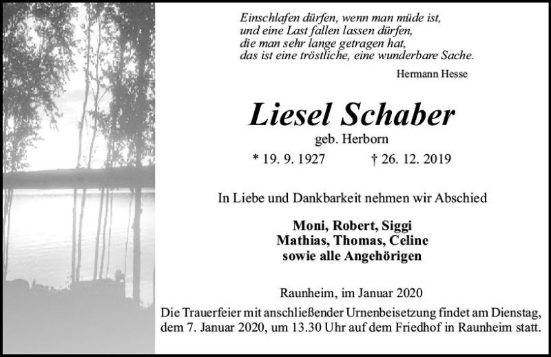 Traueranzeige für Liesel Schaber vom 04.01.2020 aus vrm-trauer