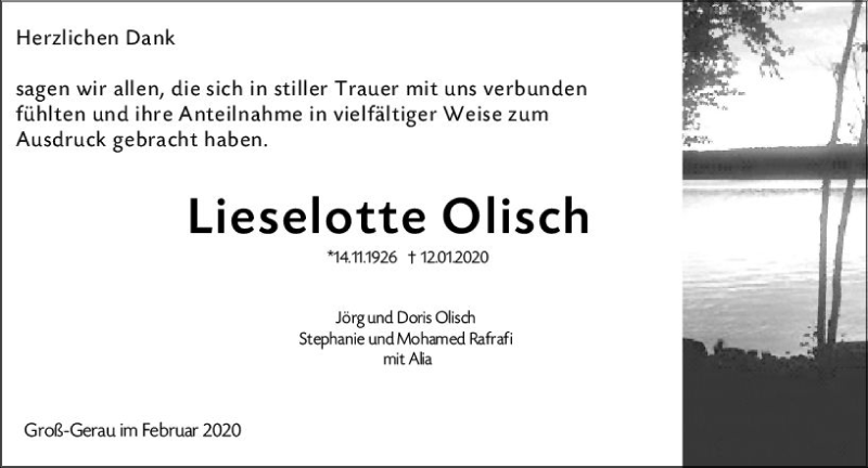  Traueranzeige für Lieselotte Olisch vom 01.02.2020 aus vrm-trauer