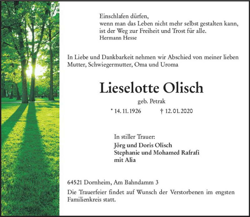  Traueranzeige für Lieselotte Olisch vom 18.01.2020 aus vrm-trauer
