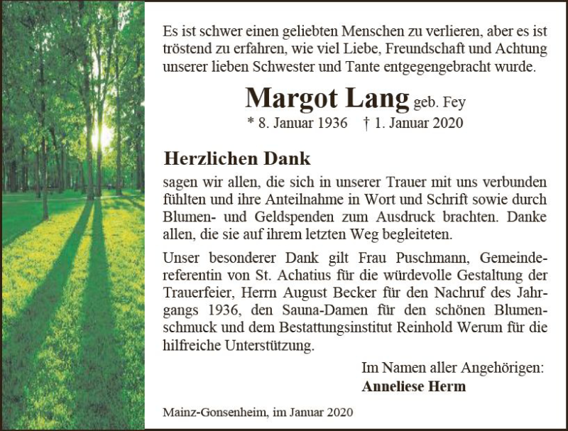  Traueranzeige für Margot Lang vom 25.01.2020 aus vrm-trauer