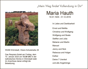 Traueranzeige von Maria Hauth von vrm-trauer