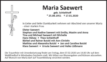 Traueranzeige von Maria Saewert von vrm-trauer
