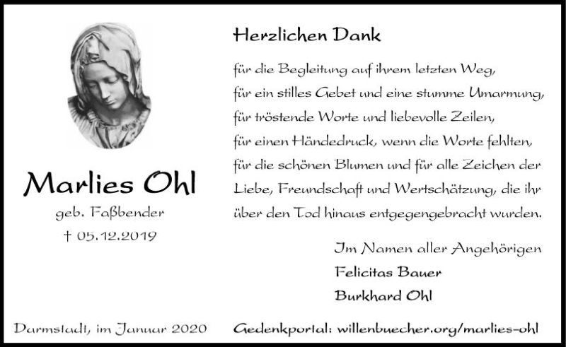  Traueranzeige für Marlies Ohl vom 18.01.2020 aus vrm-trauer