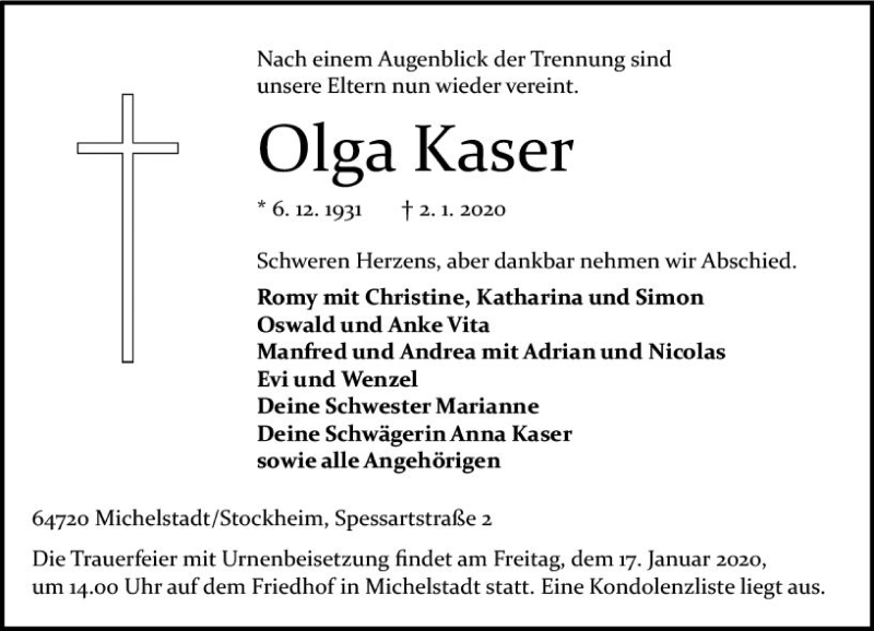  Traueranzeige für Olga Kaser vom 11.01.2020 aus vrm-trauer