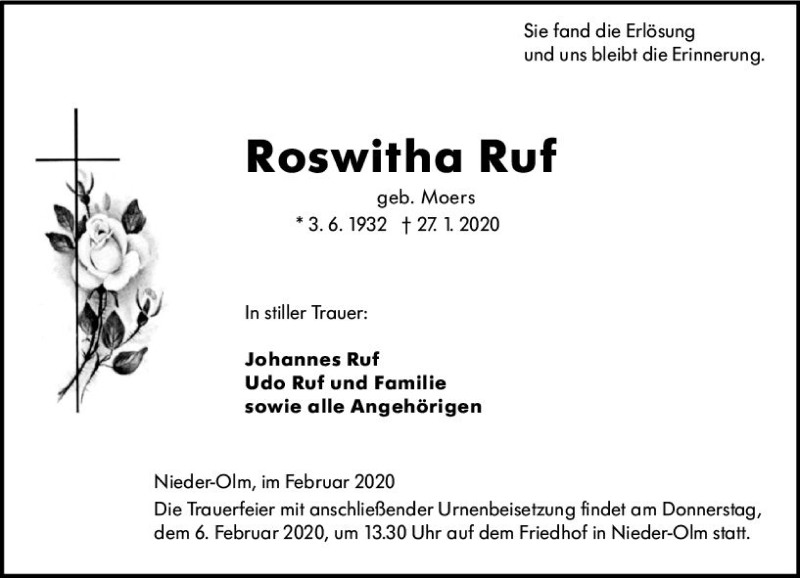  Traueranzeige für Roswitha Ruf vom 01.02.2020 aus vrm-trauer