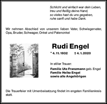 Traueranzeige von Rudi Engel von vrm-trauer