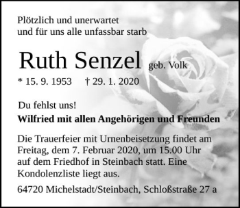 Traueranzeige von Ruth Senzel von vrm-trauer