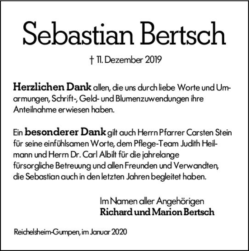  Traueranzeige für Sebastian Bertsch vom 25.01.2020 aus vrm-trauer