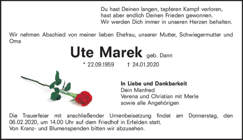  Traueranzeige für Ute Marek vom 01.02.2020 aus vrm-trauer