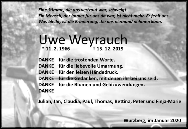  Traueranzeige für Uwe Weyrauch vom 25.01.2020 aus vrm-trauer