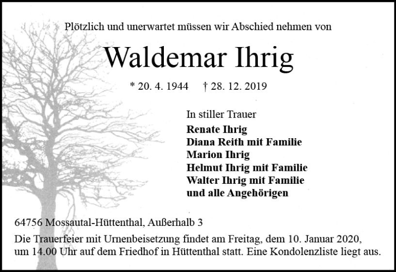  Traueranzeige für Waldemar Ihrig vom 04.01.2020 aus vrm-trauer