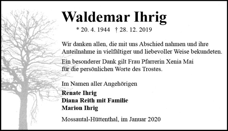  Traueranzeige für Waldemar Ihrig vom 25.01.2020 aus vrm-trauer