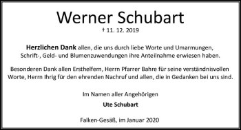 Traueranzeige von Werner Schubart von vrm-trauer