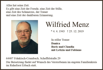 Traueranzeige von Wilfried Menz von vrm-trauer