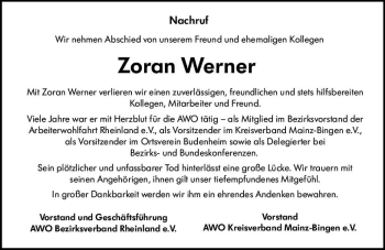 Traueranzeige von Zoran Werner von vrm-trauer