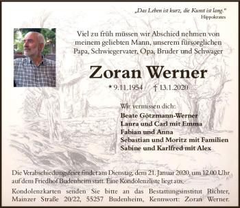 Traueranzeige von Zoran Werner von vrm-trauer