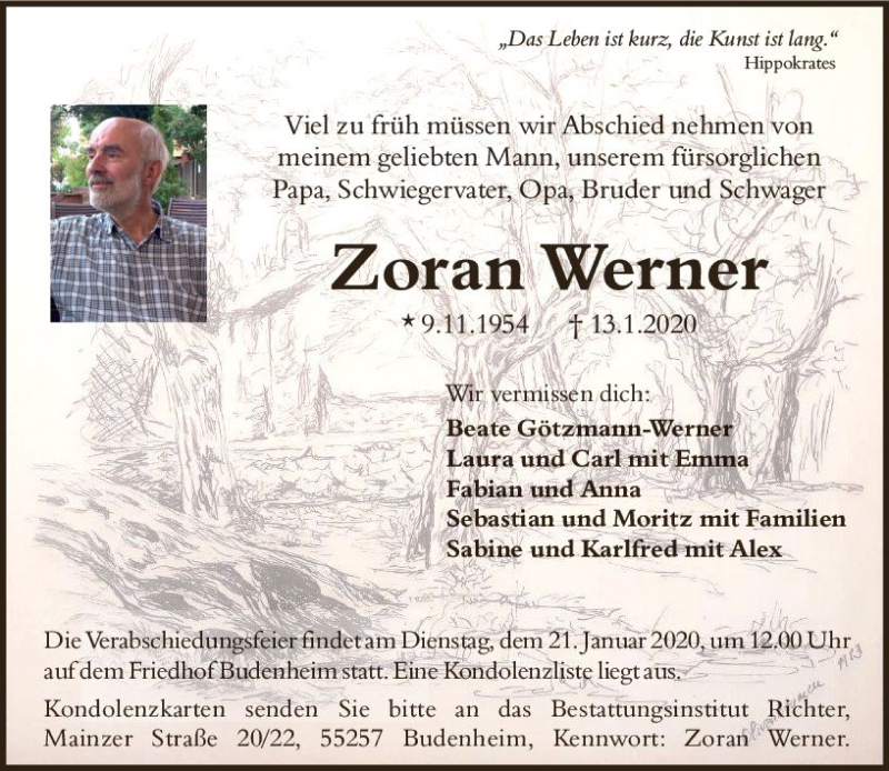  Traueranzeige für Zoran Werner vom 18.01.2020 aus vrm-trauer