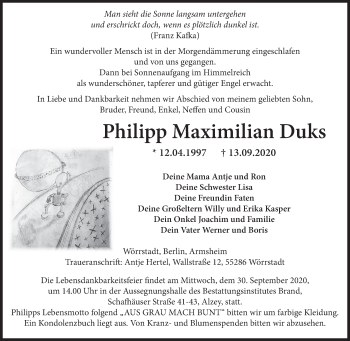Traueranzeige von Philipp Maximilian Duks von VRM Tageszeitungen