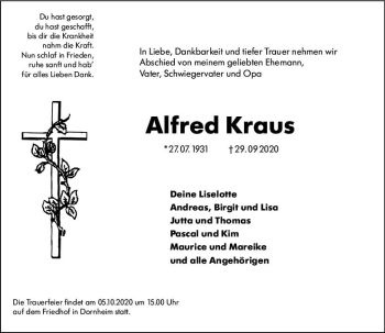 Traueranzeige von Alfred Kraus von vrm-trauer