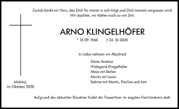 Traueranzeige von Arno Klingelhöfer von vrm-trauer