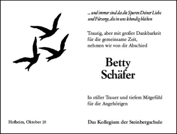 Traueranzeige von Betty Schäfer von vrm-trauer