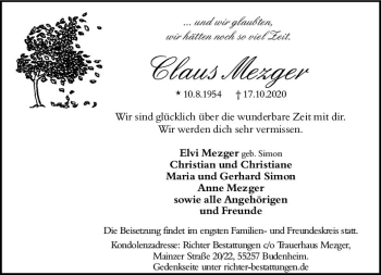 Traueranzeige von Claus Mezger von vrm-trauer