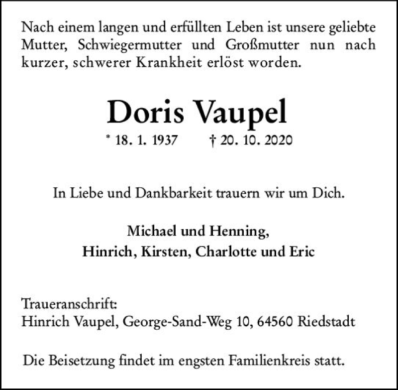  Traueranzeige für Doris Vaupel vom 30.10.2020 aus vrm-trauer