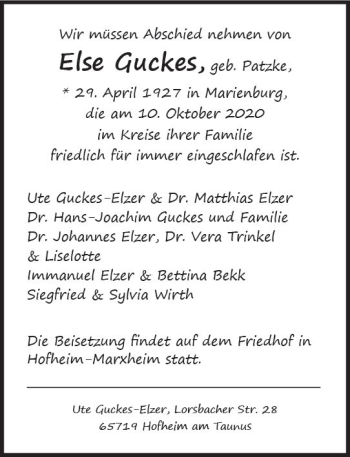 Traueranzeige von Else Guckes von vrm-trauer