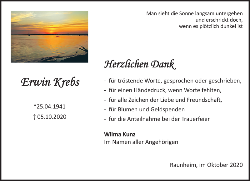  Traueranzeige für Erwin Krebs vom 31.10.2020 aus vrm-trauer