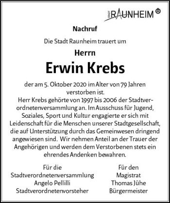 Traueranzeige von Erwin Krebs von vrm-trauer