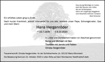 Traueranzeige von Hans Hergenröder von vrm-trauer