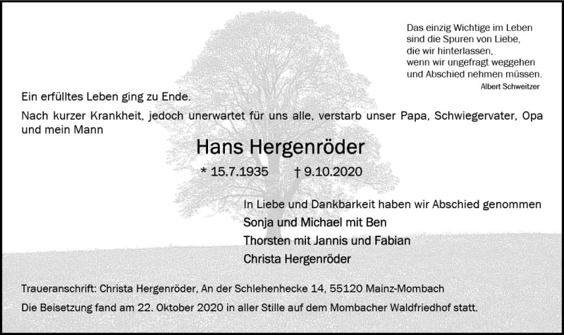  Traueranzeige für Hans Hergenröder vom 24.10.2020 aus vrm-trauer