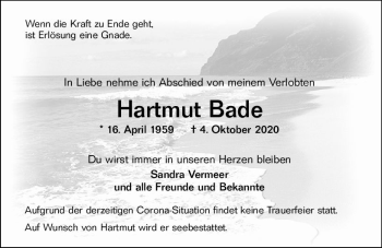 Traueranzeige von Hartmut Bade von vrm-trauer