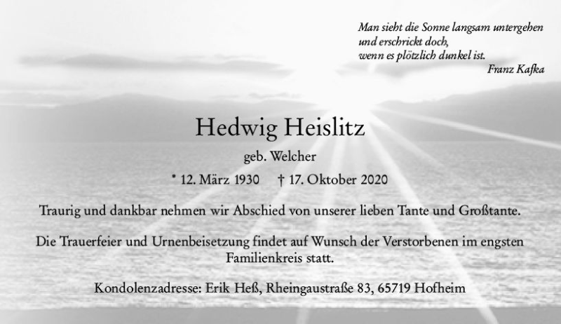  Traueranzeige für Hedwig Heislitz vom 23.10.2020 aus vrm-trauer
