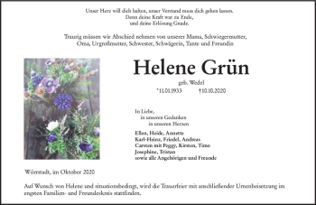 Traueranzeige von Helene Grün von vrm-trauer