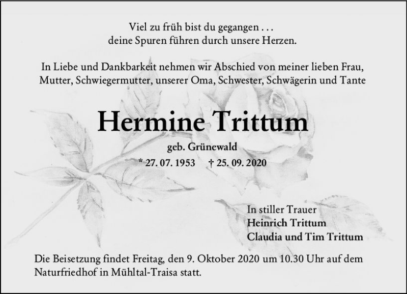  Traueranzeige für Hermine Trittum vom 02.10.2020 aus vrm-trauer