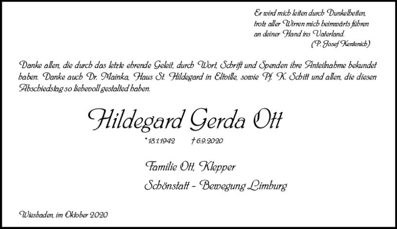 Traueranzeige für Hildegard Gerda Ott vom 10.10.2020 aus vrm-trauer