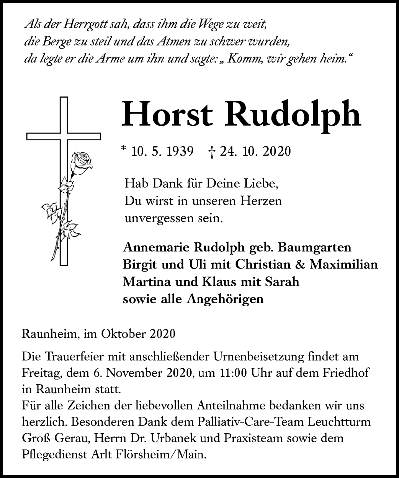  Traueranzeige für Horst Rudolph vom 31.10.2020 aus vrm-trauer