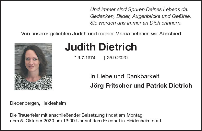  Traueranzeige für Judith Dietrich vom 02.10.2020 aus vrm-trauer