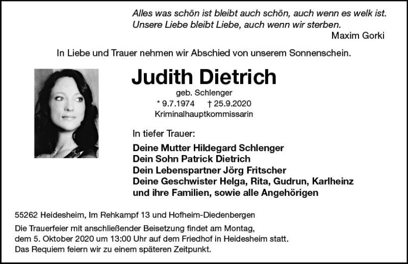  Traueranzeige für Judith Dietrich vom 02.10.2020 aus vrm-trauer